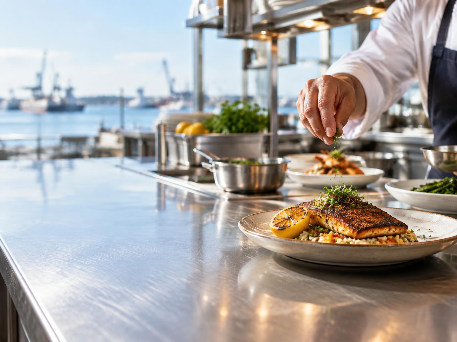 Chef plating a seafood dish in a bright Gulf Coast restaurant kitchen